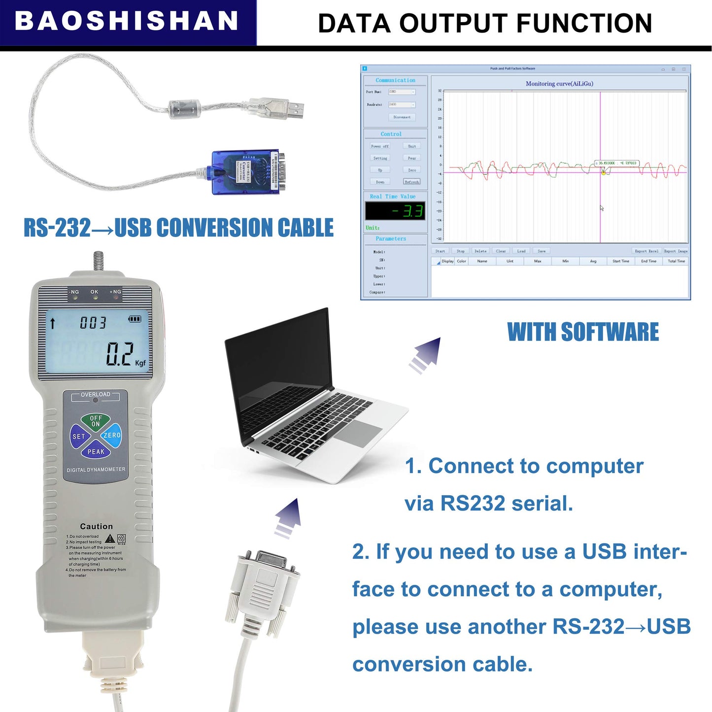 BAOSHISHAN ZP-50N Digital Force Gauge Push Pull Gauge with Output Function