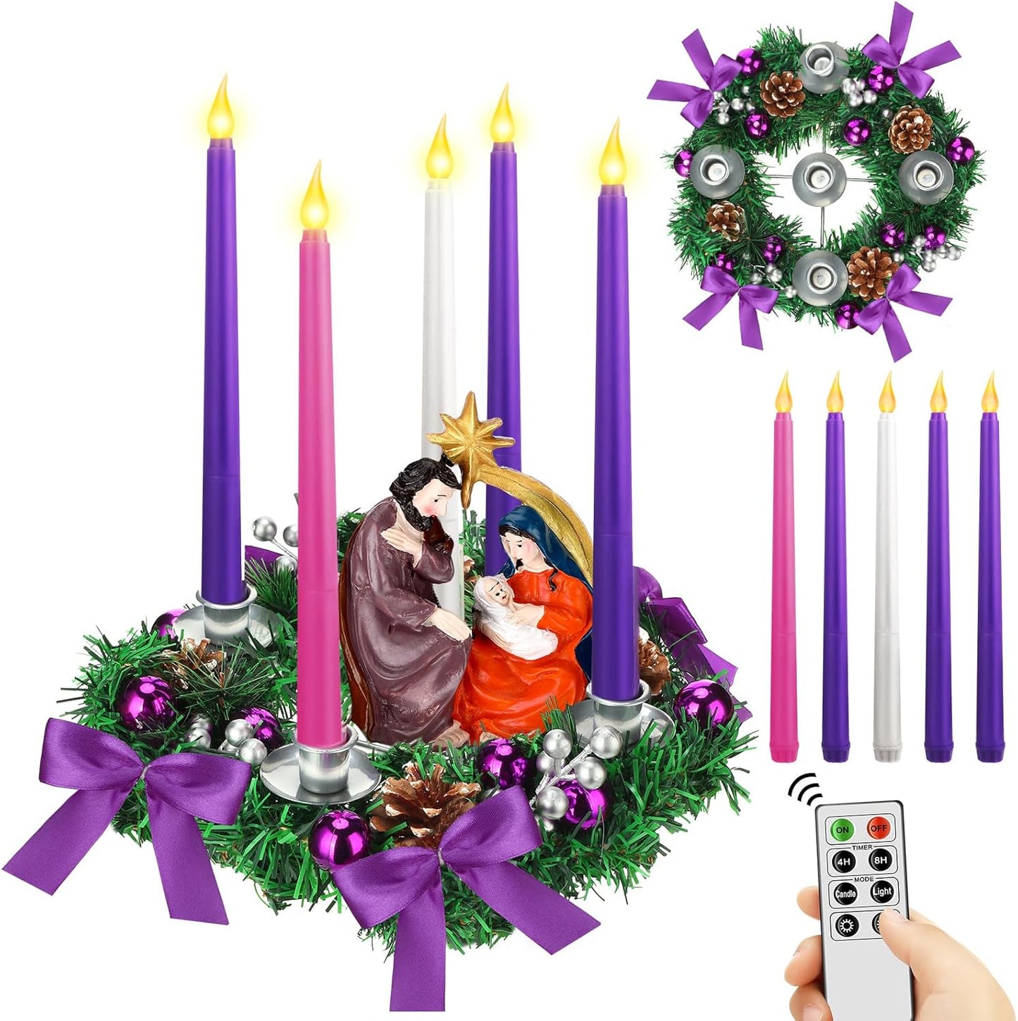 Tioncy 12-Inch Christmas Advent Wreath - Flameless Candle Holder with Remote Control & Berries Decor