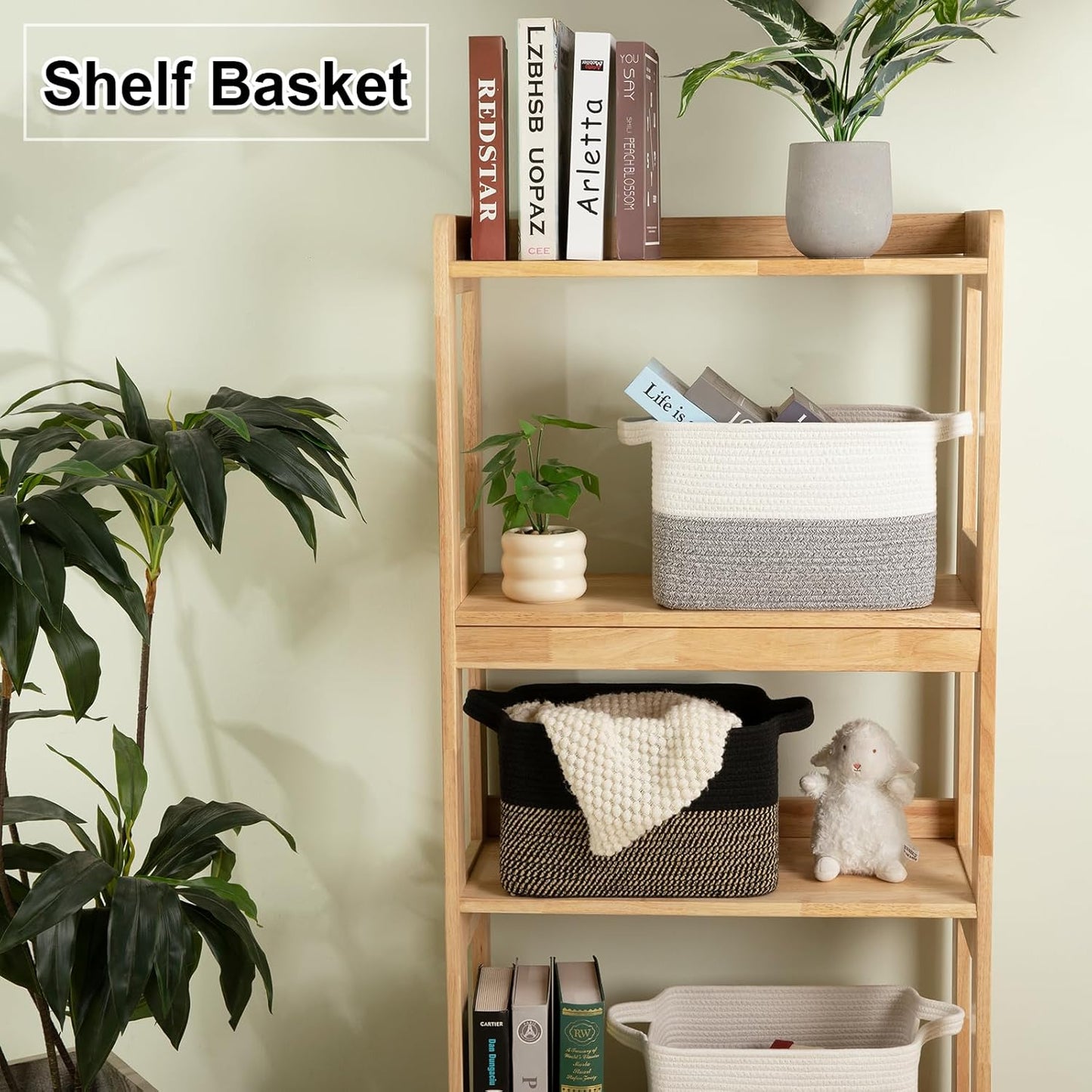 OIAHOMY Woven Storage Basket - Rectangle Cotton Rope Organizer for Toys, Towels & Books | 13 x 10 x 9 in, Black & Brown