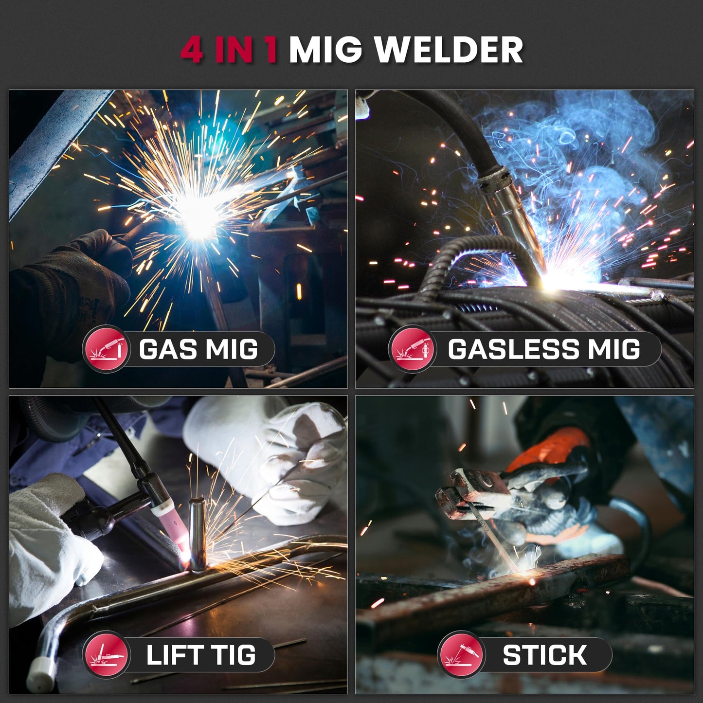 bestarc 165A MIG Welder, 110V 220V 4 in 1 Gas/Flux Core MIG/Lift TIG/Stick Welder Machine, Large LED Display Welding Machine, IGBT Inverter Welder MIG165 Soild Gasless Synergy MIG Welder