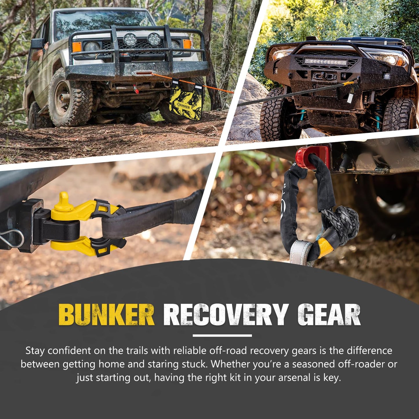 BUNKER INDUST Recovery Kit, 1"×30ft Kinetic Recovery Rope + 2 Soft Shackles + Recovery Ring+ Shackle Hitch Receiver + Winch Dampener+ Gloves+ Carry Bag, Off Road 4x4 Recovery Gear Winch Accessories