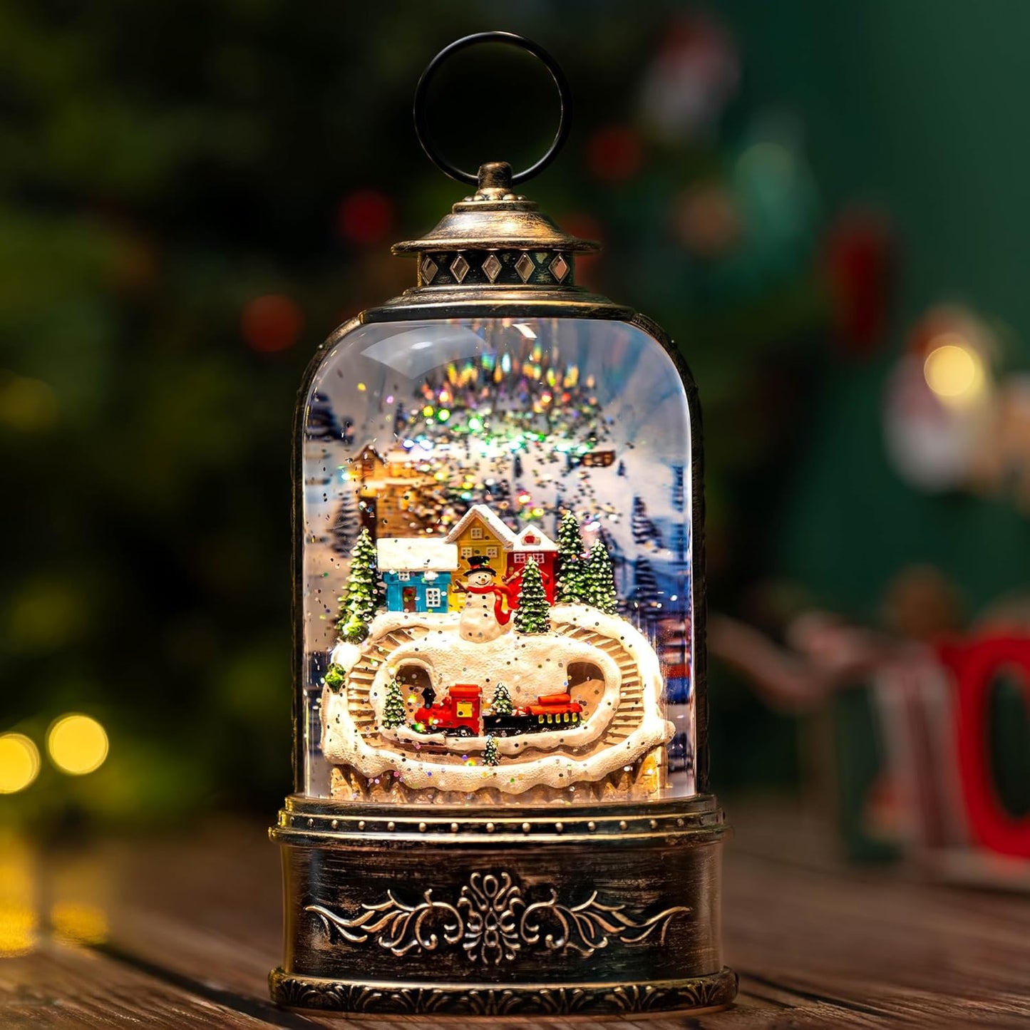 Skiennix Christmas Snow Globe Lantern - Glittering Snowman & Train with Music | USB & Battery Operated