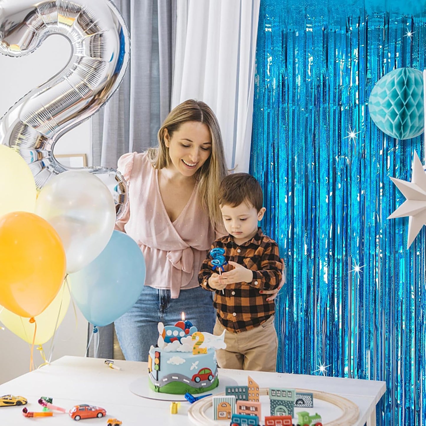 Skiennix Tinsel Curtain Backdrop - Blue Glitter Foil Fringe for Birthday, Wedding & Party Decor | 2 Packs
