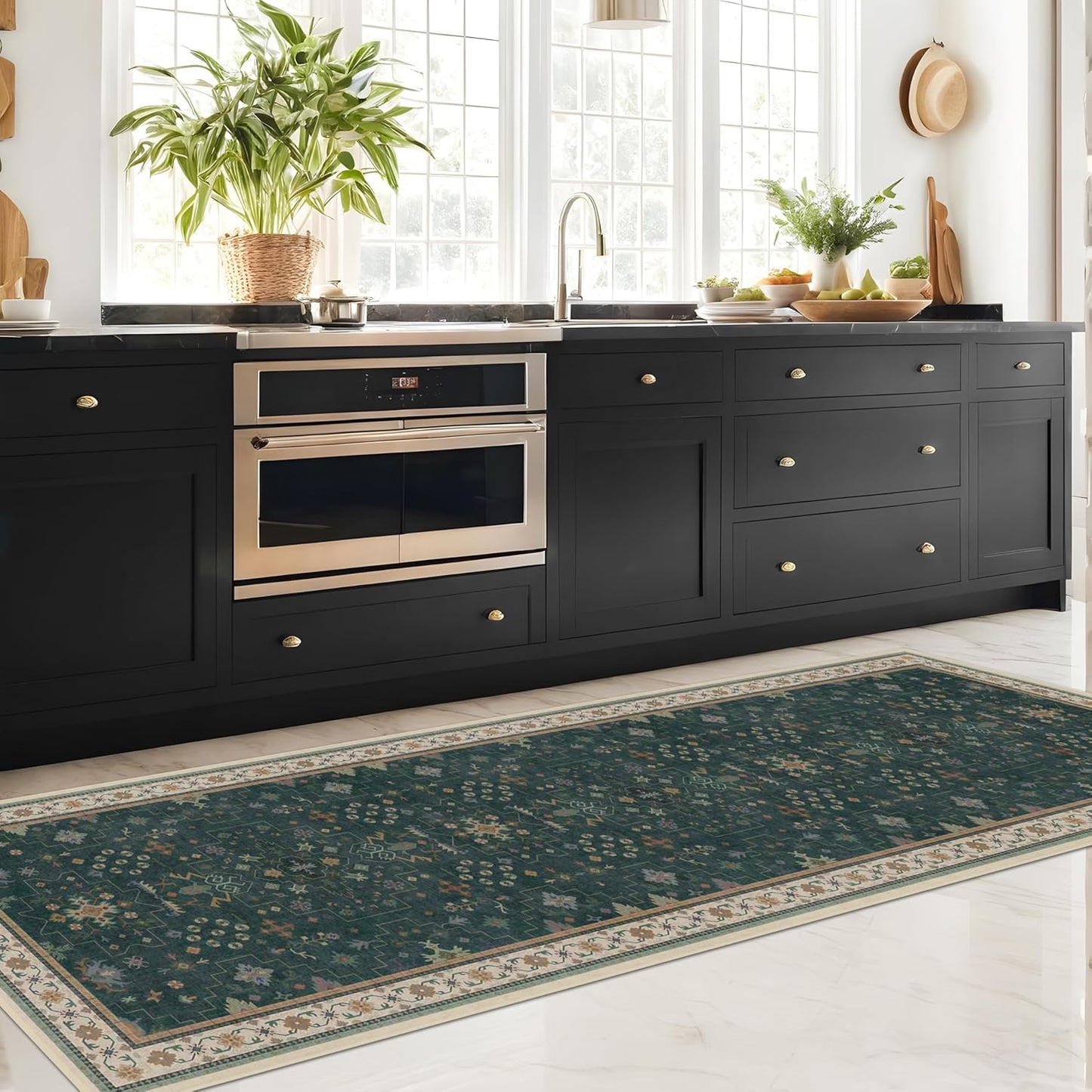 Regine Switzerland Dark Green Washable Kitchen Runner Rug - Non-Slip Rubber Backing | 2'6"x8' Stain Resistant