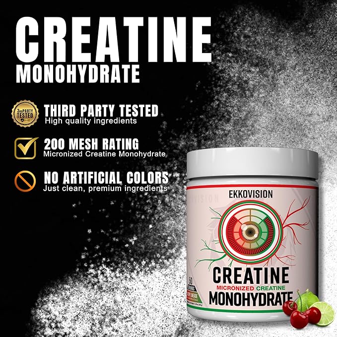 Ekkovision Creatine Monohydrate Powder, Micronized, Cherry Limeade, Pre Workout & Post Workout Supplement for Men & Women, Energy Support, Easy to Mix in Shakes, Smoothies & Beverages, 50 Servings
