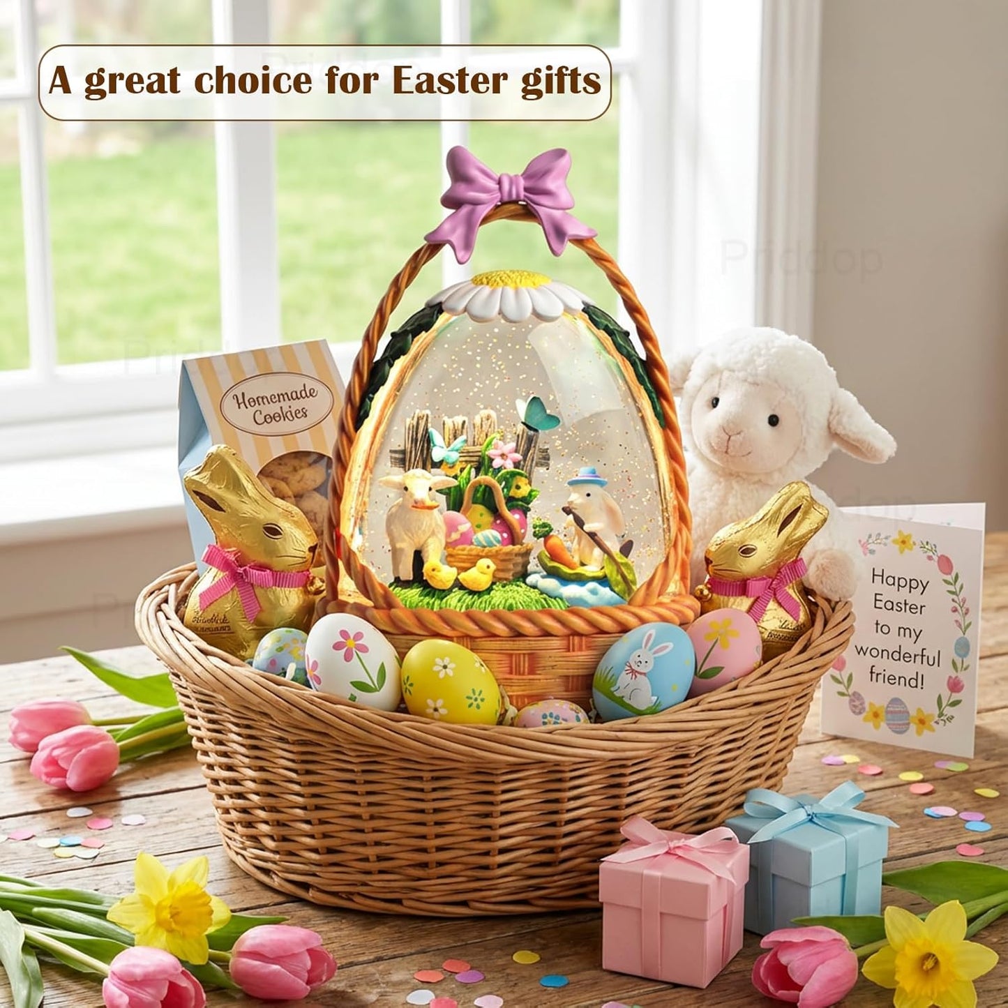 Priddop Easter Bunny Snow Globe | 9.5-Inch Glittering Tabletop Decoration with Timer