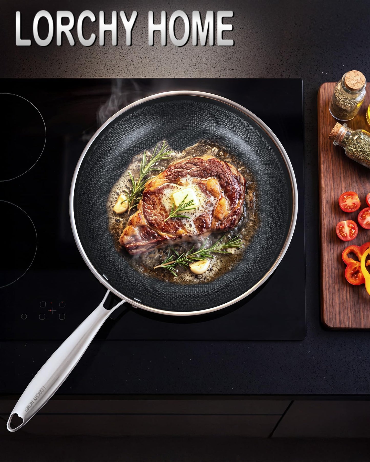 Lorchy Home 10" Hybrid Nonstick Frying Pan, Stainless Steel Ceramic Nonstick Skillet, Non Stick Pan for Eggs, Steak & Everyday Cooking, Induction Compatible, Oven Safe Cookware