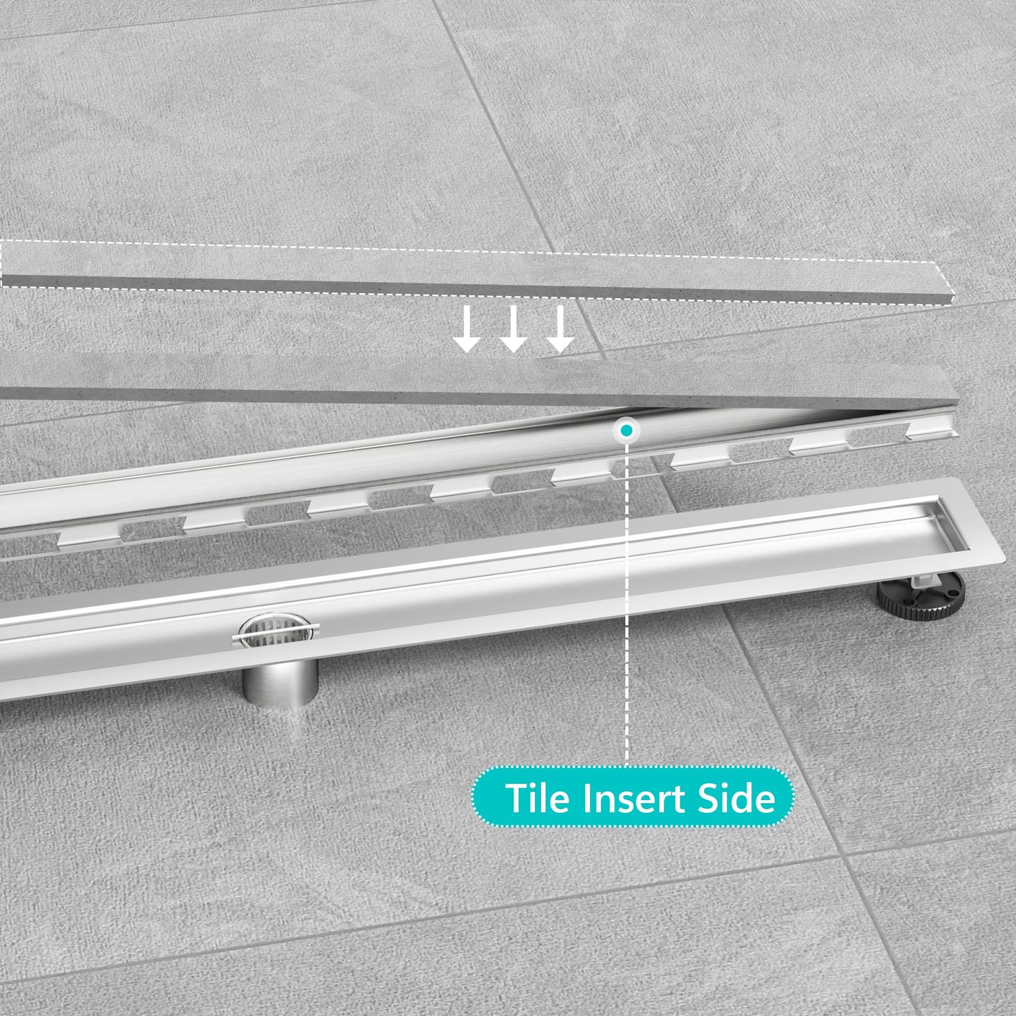 24 inch Linear Shower Drain with Tile Insert Grate Cover, Brushed 304 Stainless Steel Bonding Flange Linear Drain, Low Profile Linear Shower Drain with Hair Strainer