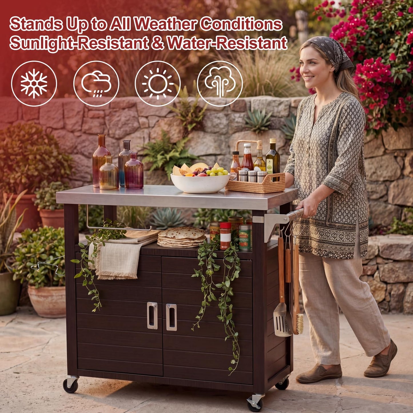 BBQMall Outdoor Grill Cart with Stainless Steel Top & Large Storage Cabinet, Movable Kitchen Island with Wheels for BBQ Food Prep, Pizza Oven Stand 39" x 20" x 35"