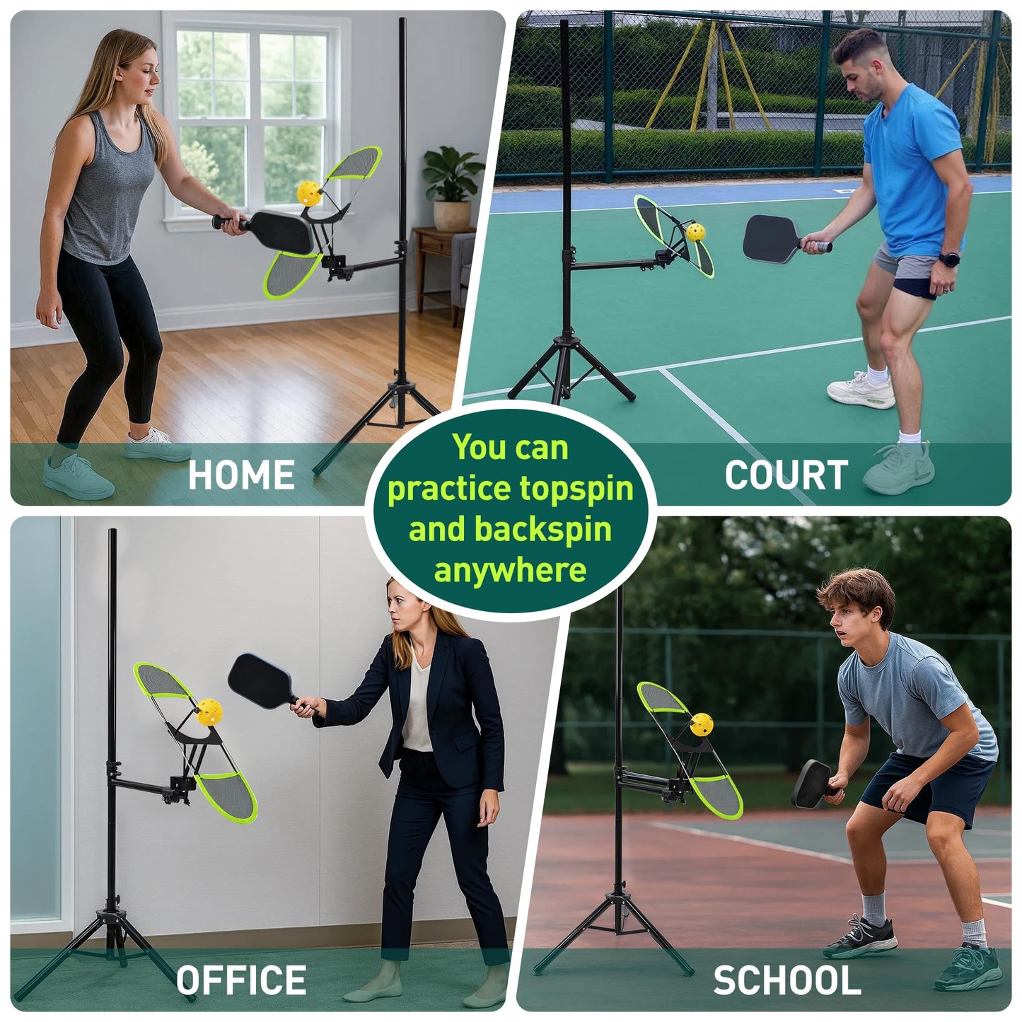 WAOPSO Pickleball Topspin Trainer,Tennis&Pickleball Practice Tool with 360° Angles and Height Adjustment, Portable Pickle Ball Training (Matte Black + Green)