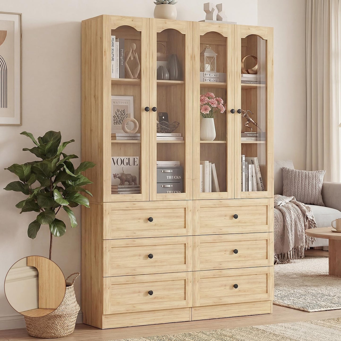Cyclysio 80" Tall Storage Cabinet with Glass Doors, Drawers & Seamless Baseboard Fit Design - 2 Set Natural Oak Storage Cabinets with Adjustable Shelf for Office, Bathroom, Living Room, Kitchen