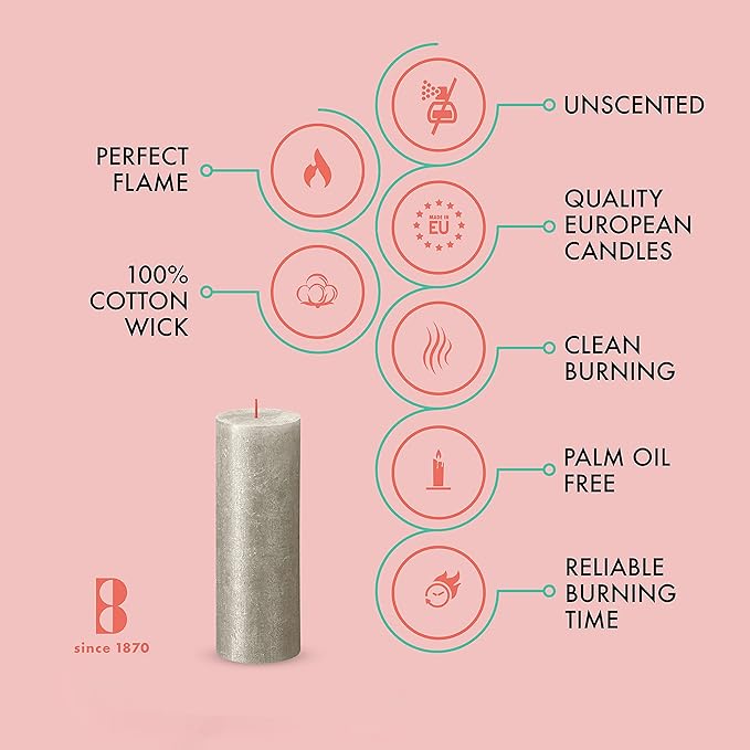 BOLSIUS Silver Shimmer Metallic Pillar Candles 4 Pack - 2.75 X 7.5 Inches - Premium European Quality - Includes Natural Plant-Based Wax - Unscented Dripless Smokeless 85 Hour Party Décor Candles