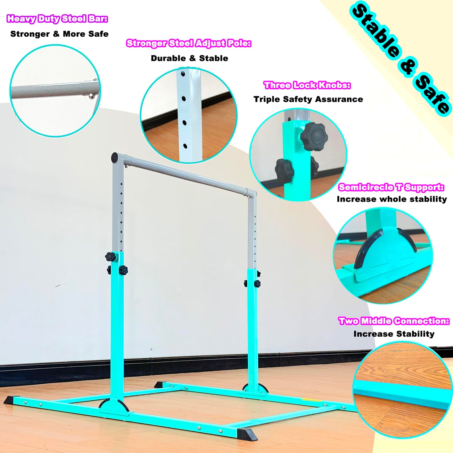 MARFULA Gymnastic Bar for Kids Gymnastic Kip Bar Horizontal Bar Teal Bar Gymnastic Training Equipment for Kids 3-15 Years Home and Club Use