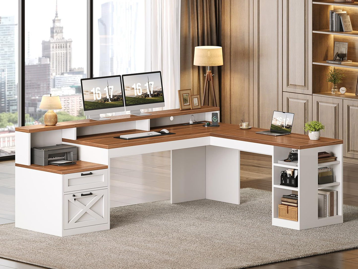 SEDETA L Shaped Desk with 2 Drawers, 65"x 59" Large Home Office Desk with Lockable File Drawer & Power Strip, Corner Desk with Storage & LED Strip, White + Brown