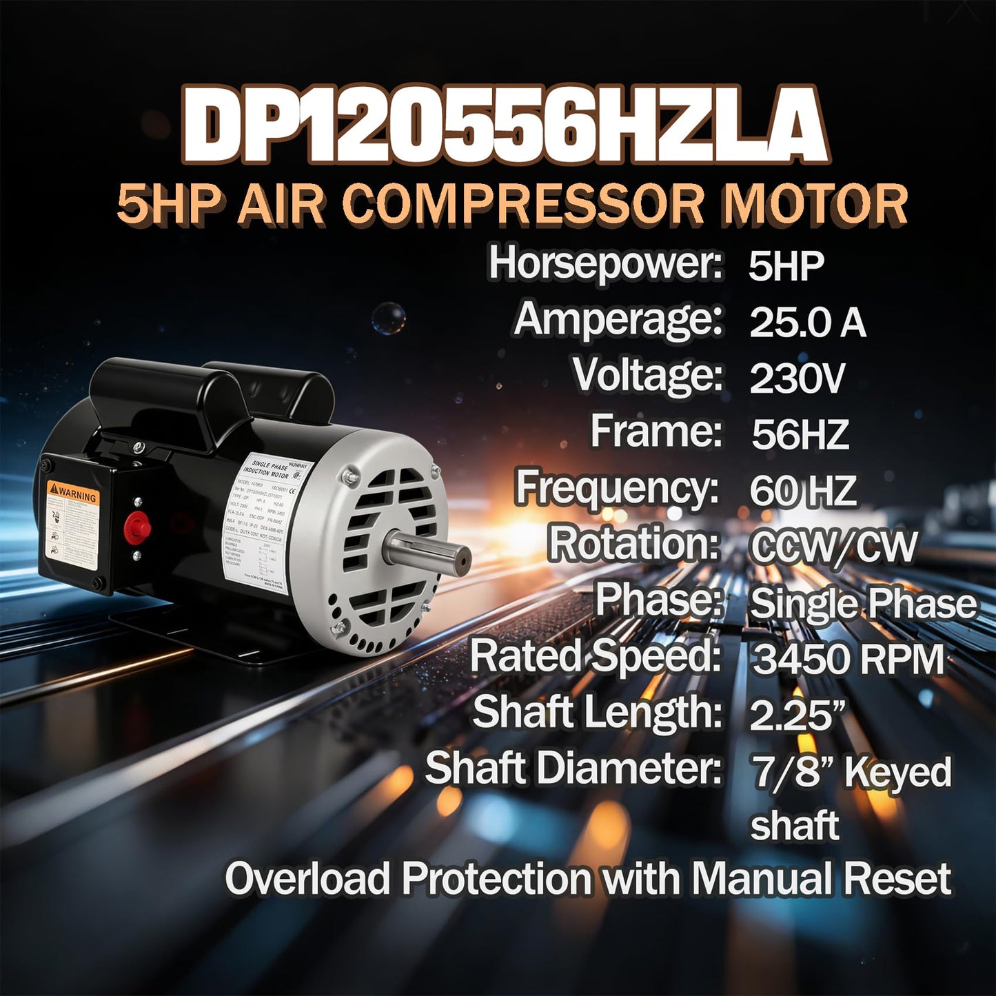 Kunray 5HP Air Compressor Electric Motor, 230V 25 Amps, 56HZ Frame 3450RPM, 7/8" Keyed Shaft, 2.25" Shaft Length, Single Phase, CCW/CW (Factory Setting is CCW)
