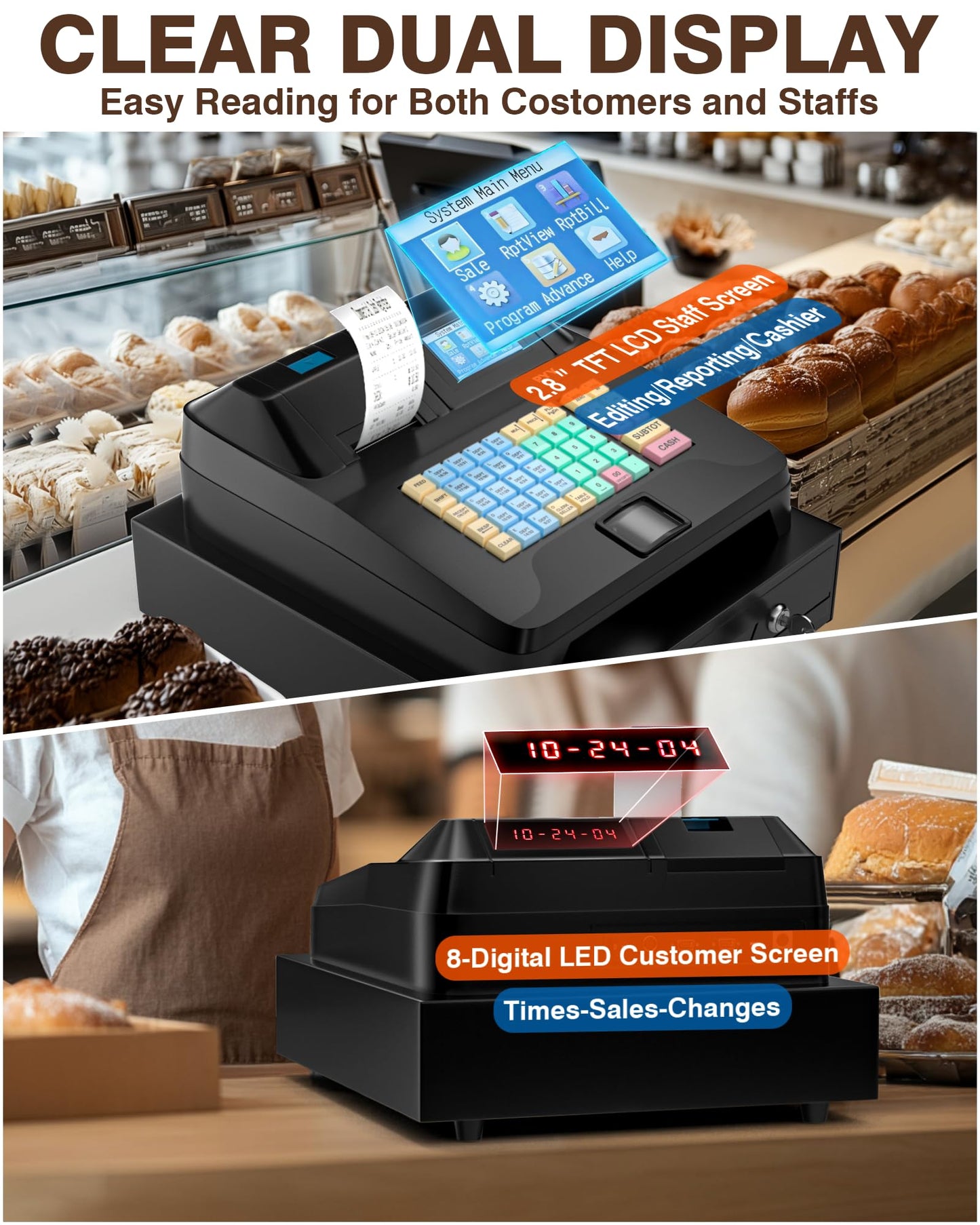 PYY Cash Register for Small Businesses with Scanner - Electronic Commercial Caja Registradora para Negocio with Lock Cash Drawer Box, 48 Keys, 8 Digital Dual Display, Retail Restaurant Supermarket