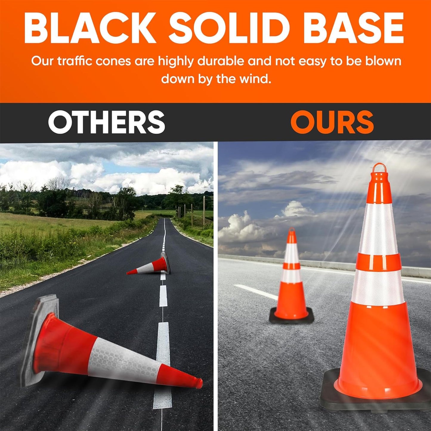 Pyle 28" PVC Traffic Cones, 8-Pack Safety Cones for Parking, Construction, Roadwork, & Sports Training, High-Visibility Orange, Durable, Stackable Design, Heavy-Duty Base for Stability in All Weather