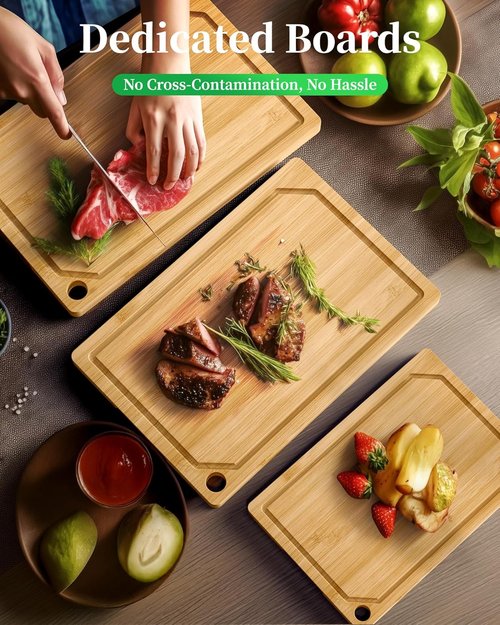 Kitchen Cutting Board Set - 3-Piece Wooden Boards with Juice Groove & Handles | Natural 0.4” Thick