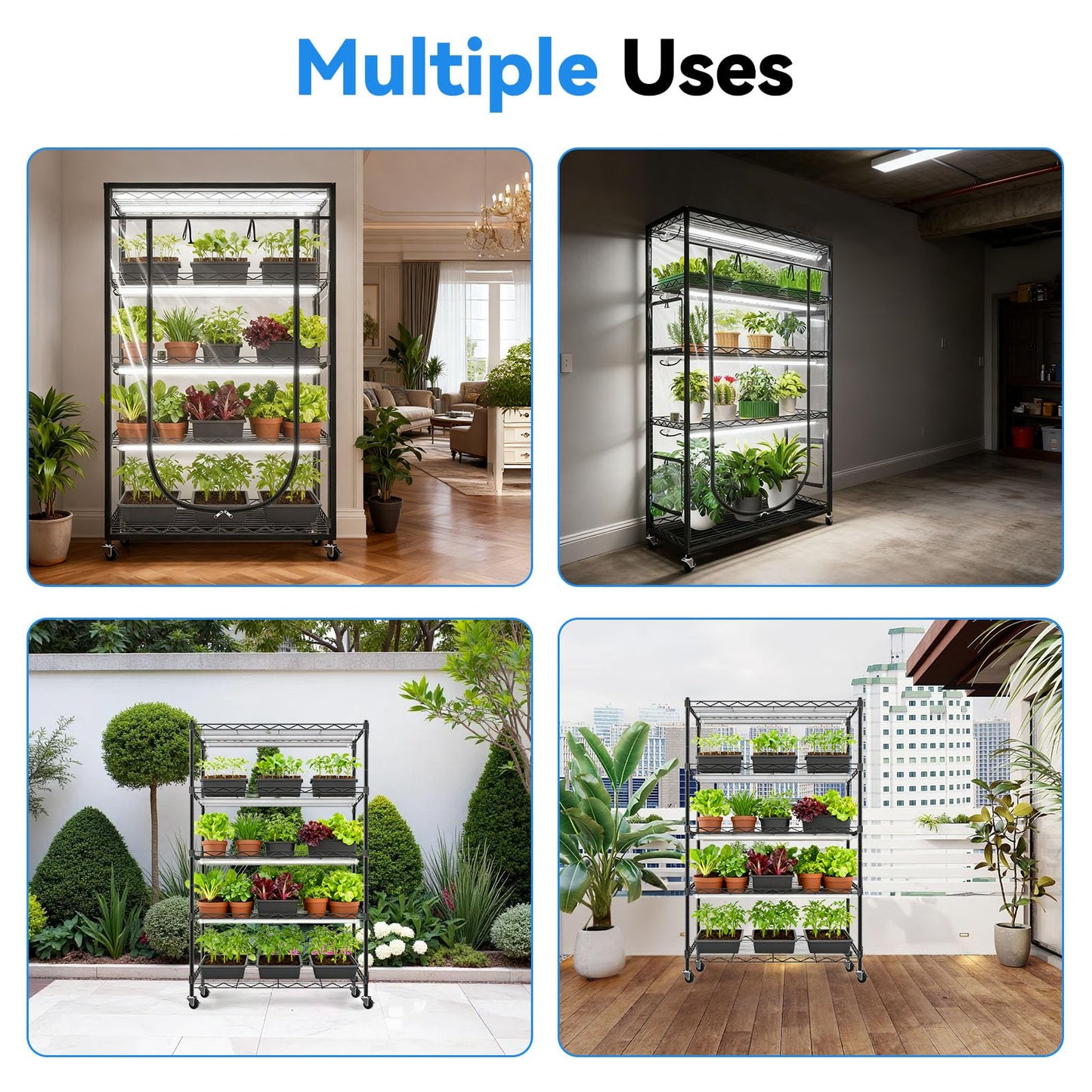 JESLED Indoor Greenhouse with Grow Light, 3FT Full Spectrum 5000K LED Light for Seed Starting, Tiered Lighting Control, Built-in Timer & Thermo-Hygrometer, Rolling Metal Plant Stand (35.4x13.8x70 in)
