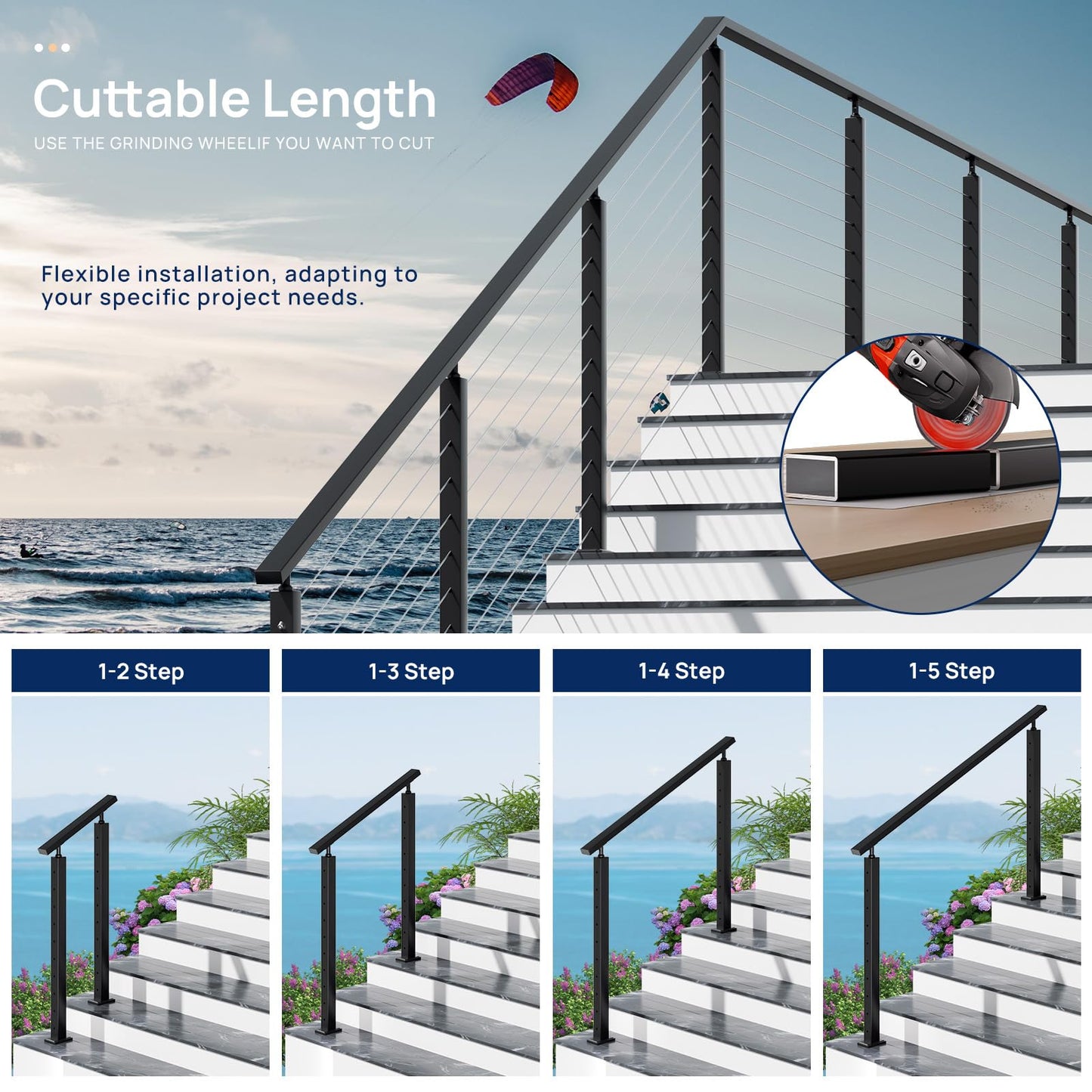 1 Pack 4FTx 2-3/8"x1-3/16 Aluminum Black Handrail with Self Drilling Screws Nylon End Caps, AAMA 2604 Coating, 3mm Thick Flat Handrail Cuttable Top Rail for Deck Stair Railing Indoor Outdoor