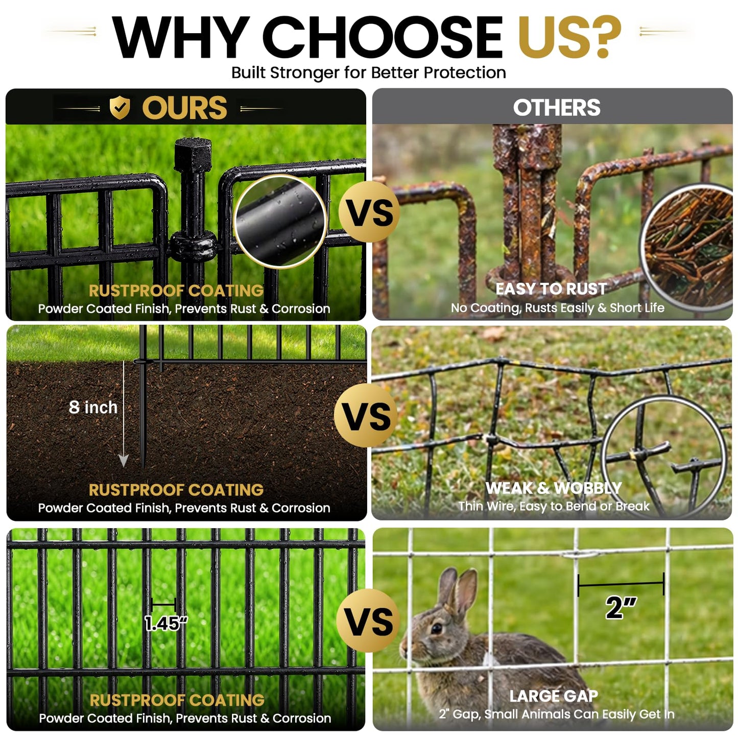 8 Panels No Dig Garden Fence Animal Barrier, 48in(H) × 21ft(L) Decorative Metal Outdoor Dog Fence, Rustproof Pet Fencing for Yard, Patio, Flower Bed -Temporary Fencing| Easy to Install