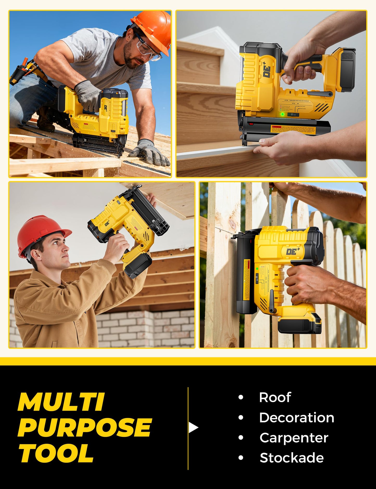 DeForce 18GA Cordless Brad Nailer, 2" Nail Gun for Dewalt 20V Max Battery, 2 IN 1 Electric Stapler, 2026 Upgraded Tool-Free Jam Release, 2 Modes, Adjustable Depth, 1000pcs Nails(No Battery), Yellow