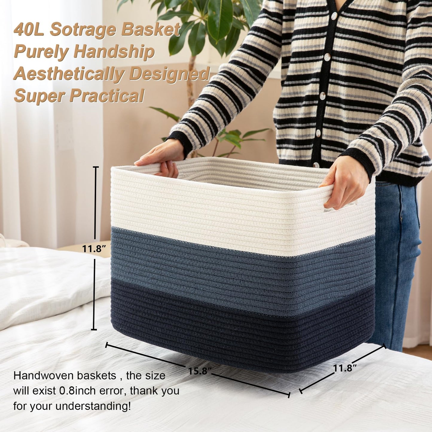 Woven Baskets - 2 Pack Rectangle Closet Organizers for Toy Storage, Nursery & Living Room in Gradient Blue