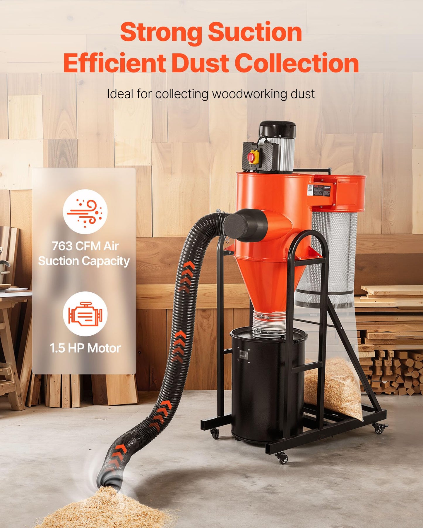 VEVOR Dust Collector, 763 CFM 1 Micron Cyclone Dust Collector, 1.5HP Dusts Collection System with 12.5-Gallon Dust Collector Bag & Base Stand, Smart Cyclone Separation, Dusts Separator for Woodworking