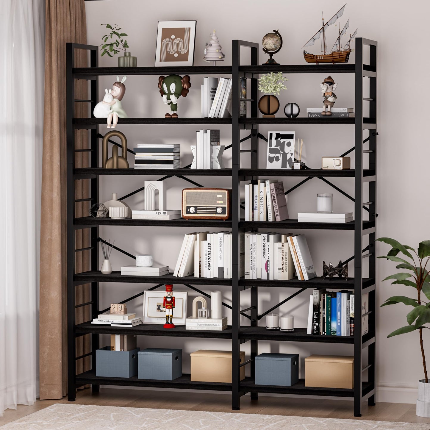 TEROL 7-Tier Corner Bookshelf, Reversible Wooden Shelves, Industrial Bookcase with Open Shelves and Sturdy Metal Frame, Display Shelf Storage Rack for Living Room, Bedroom, Home Office (Black)