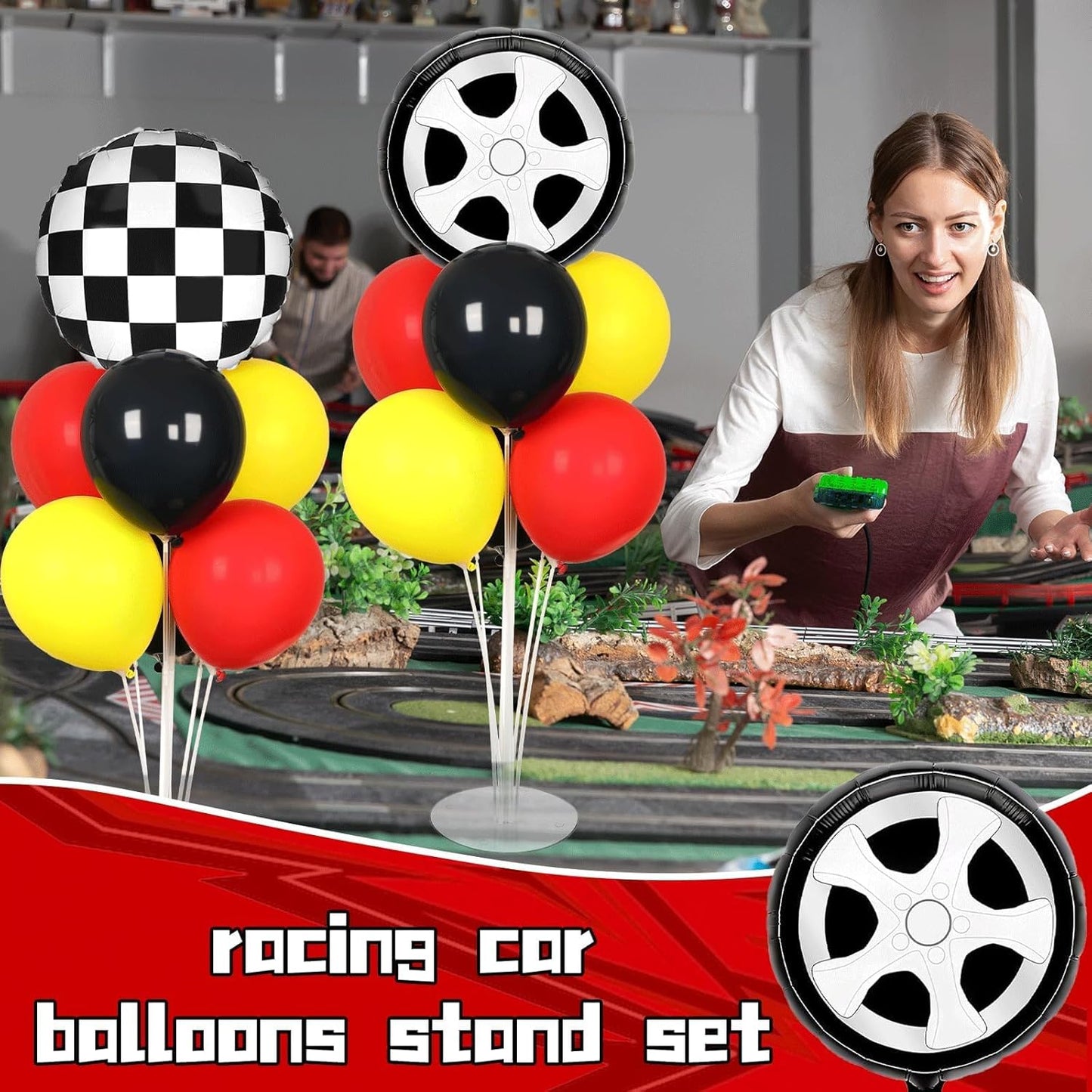 Skiennix Race Car Party Balloons Kit - 2 Sets with Checkered Foil Balloons | Red, Black, Yellow Decor for Boys' Birthday Parties