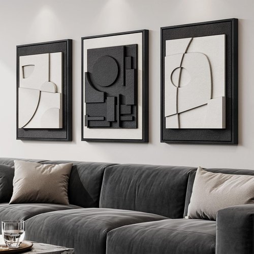 3-Piece Black & White Abstract Wall Art by [Brand Name] - Modern 3D Textured Geometric Paintings for Living Room & Hallway Decor