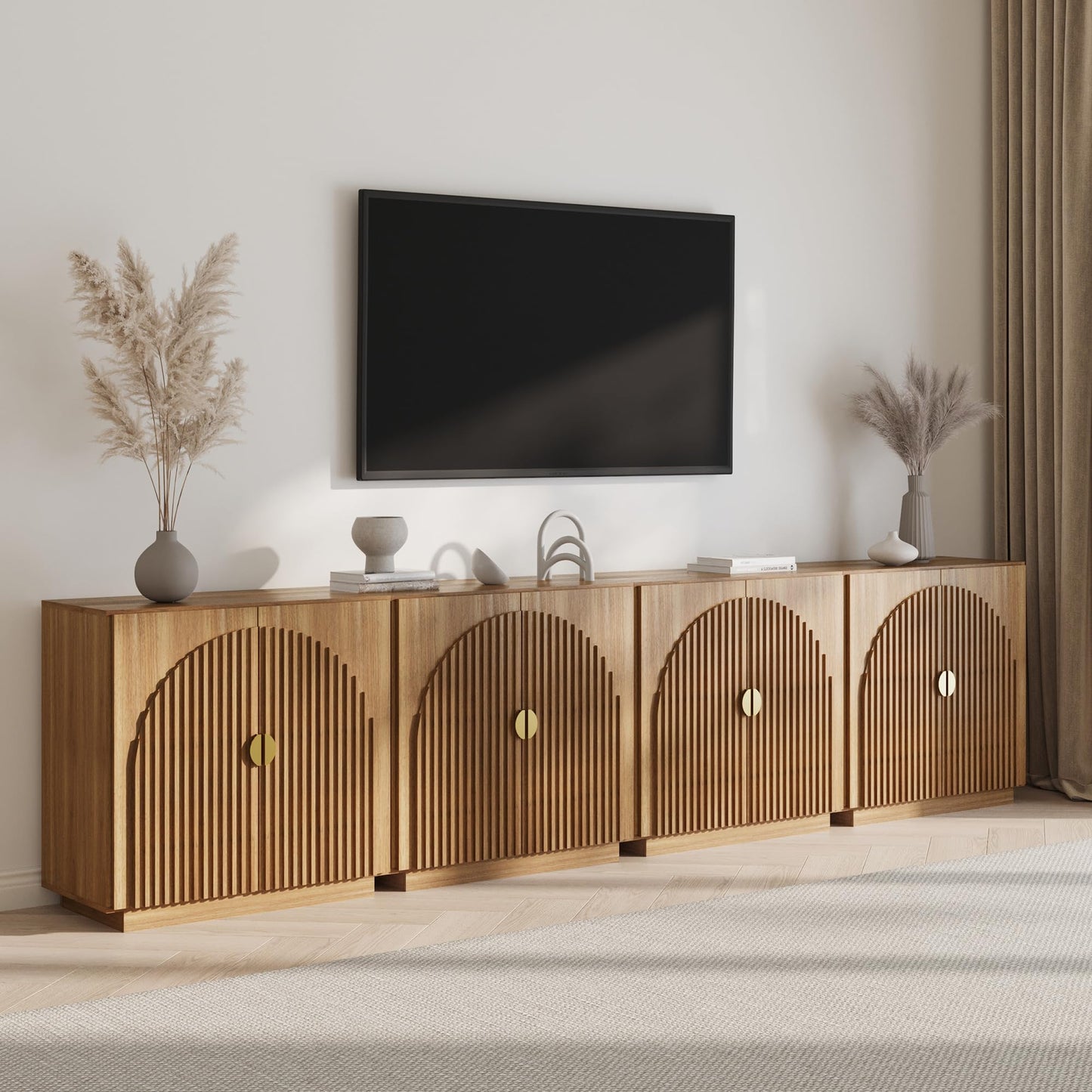BELLEZE Set of 3 Modular Fluted Sideboard Buffet Cabinet with Storage, Mid-Century Modern Console Table with Symmetrical Arched Doors, Credenza for Dining Room, Kitchen and Living Room, Caramel Brown
