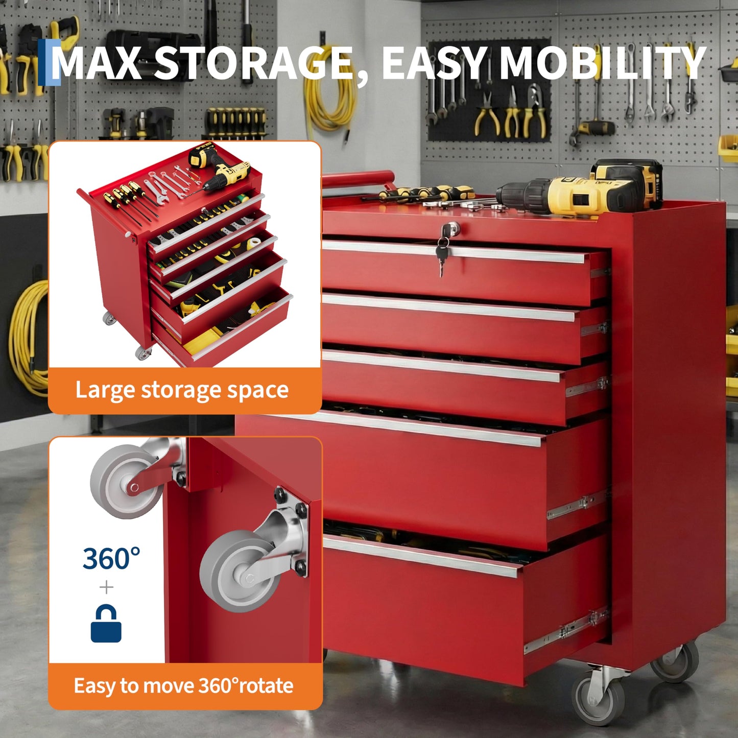 PeakPursuit 5-Drawers Rolling Tool Chest, Portable Tool Box with Wheels and Lock System, Secure Storage Cabinet for Warehouse, Workshop, and Repair Shop, Red