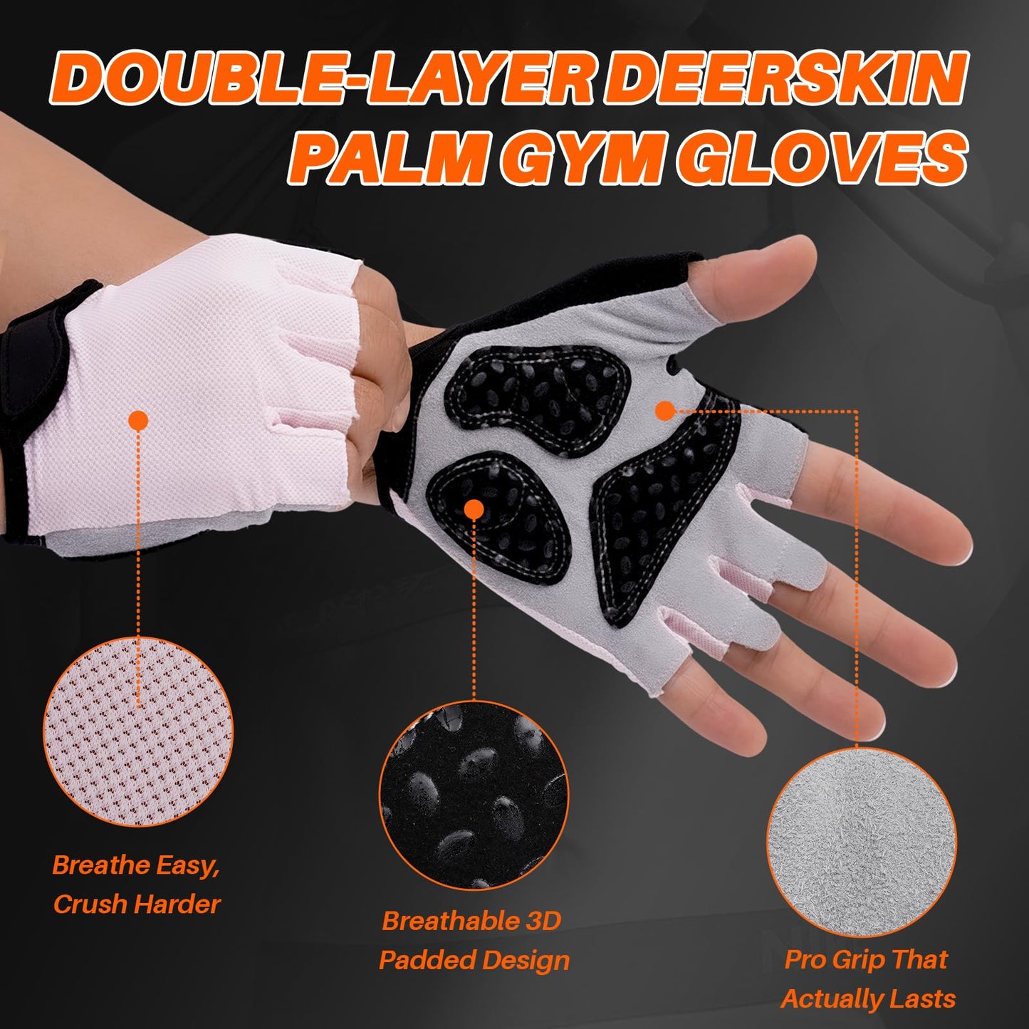 Workout Gloves for Women, Fingerless Weight Lifting Gloves with Full Genuine Suede Palm, Enhanced Grip, Full Palm Protection, Breathable Gym Gloves for Fitness, Training, Cycling, Pull Ups