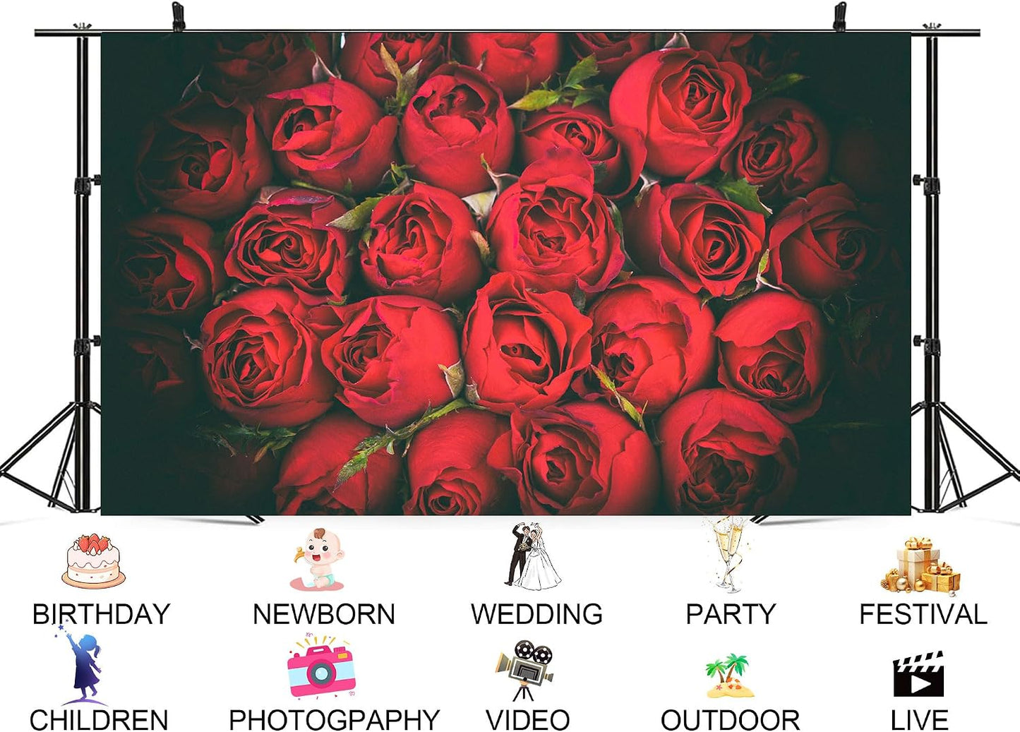 UPXIO 4x4ft Dense Red Roses Bouquet Backdrop Romantic Floral Deep Red Petals Photo Background Tapestry for Wedding