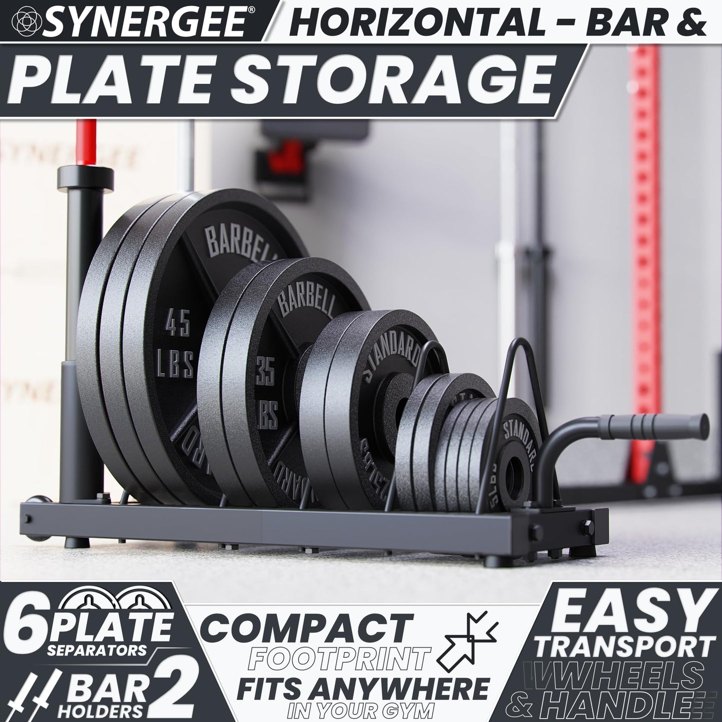 Synergee Horizontal Plate Storage Rack with Barbell Holders – Interchangeable Dividers, 350 lb Capacity, Fits Bumper & Cast Iron Plates, Wheels for Easy Mobility