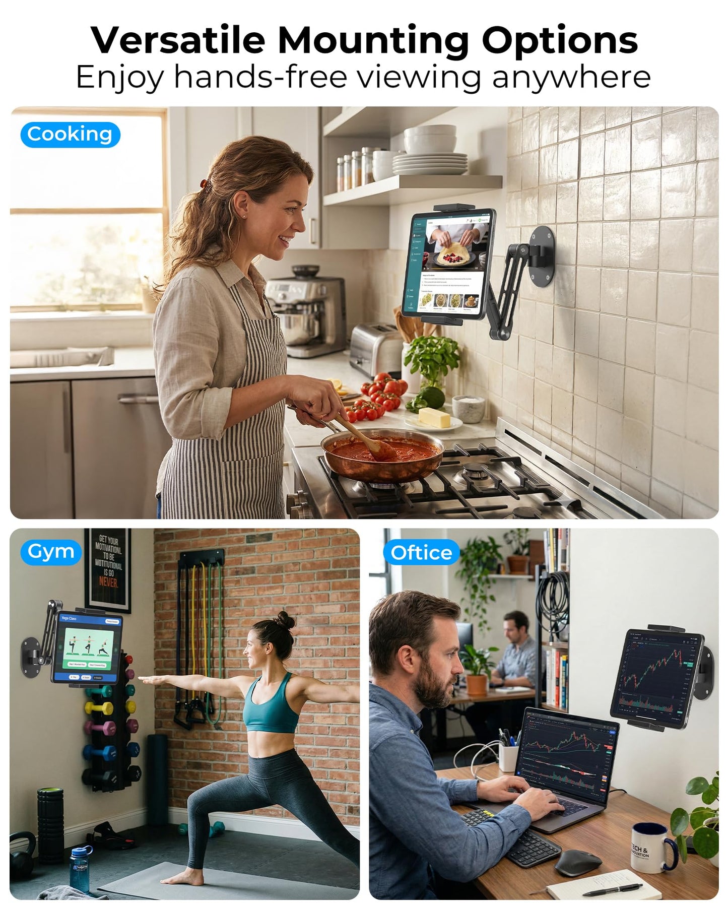 iPad Wall Mount Holder, Heavy Duty Aluminum Tablet Wall Mount, Full Motion Tilt & Swivel Base, Adjustable Foldable for Kitchen, Gym, Fits iPad Pro Air Mini, Galaxy Tab, 4.7-13" Phones & Tablets, Black