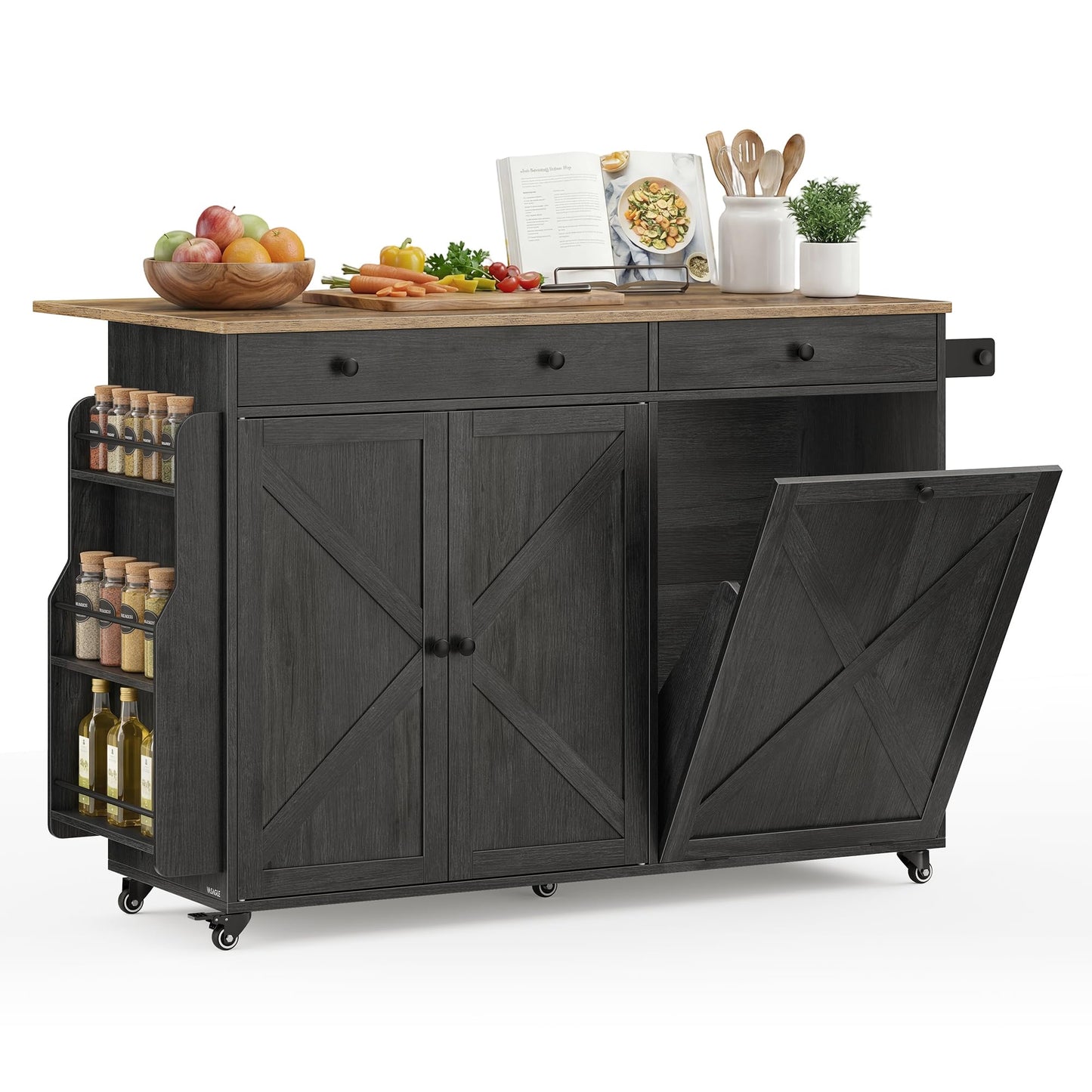VASAGLE Mobile Kitchen Island with Trash Can Storage, Drop Leaf, Portable Island with Spice Rack, Mobile Cart with Storage Cabinet, for Dining Room, Ink Black and Honey Brown UKKI014BJ01S