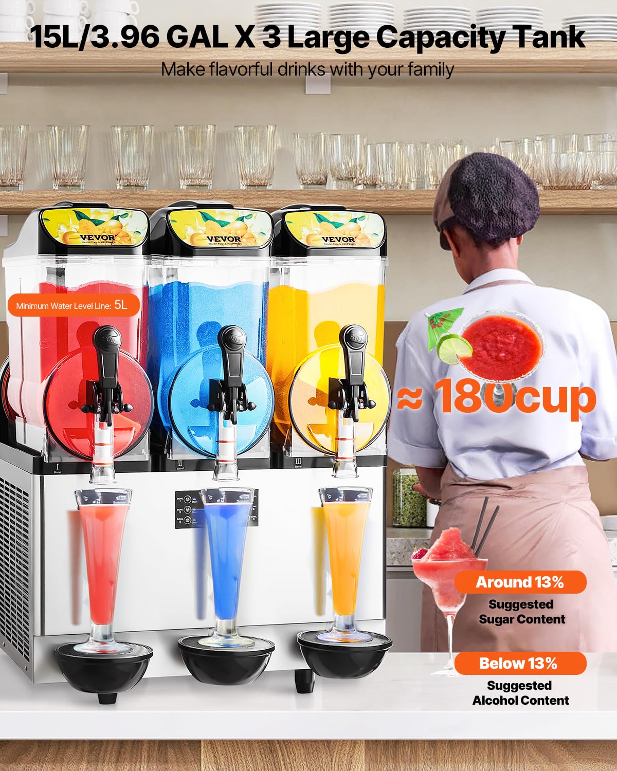 VEVOR Commercial Slushy Machine, 15Lx3 Triple Tank Margarita Machine, 180 Cups Stainless Steel Margarita Smoothie Frozen Drink Machine, Slushie Machine for Party Restaurants Cafe Bars