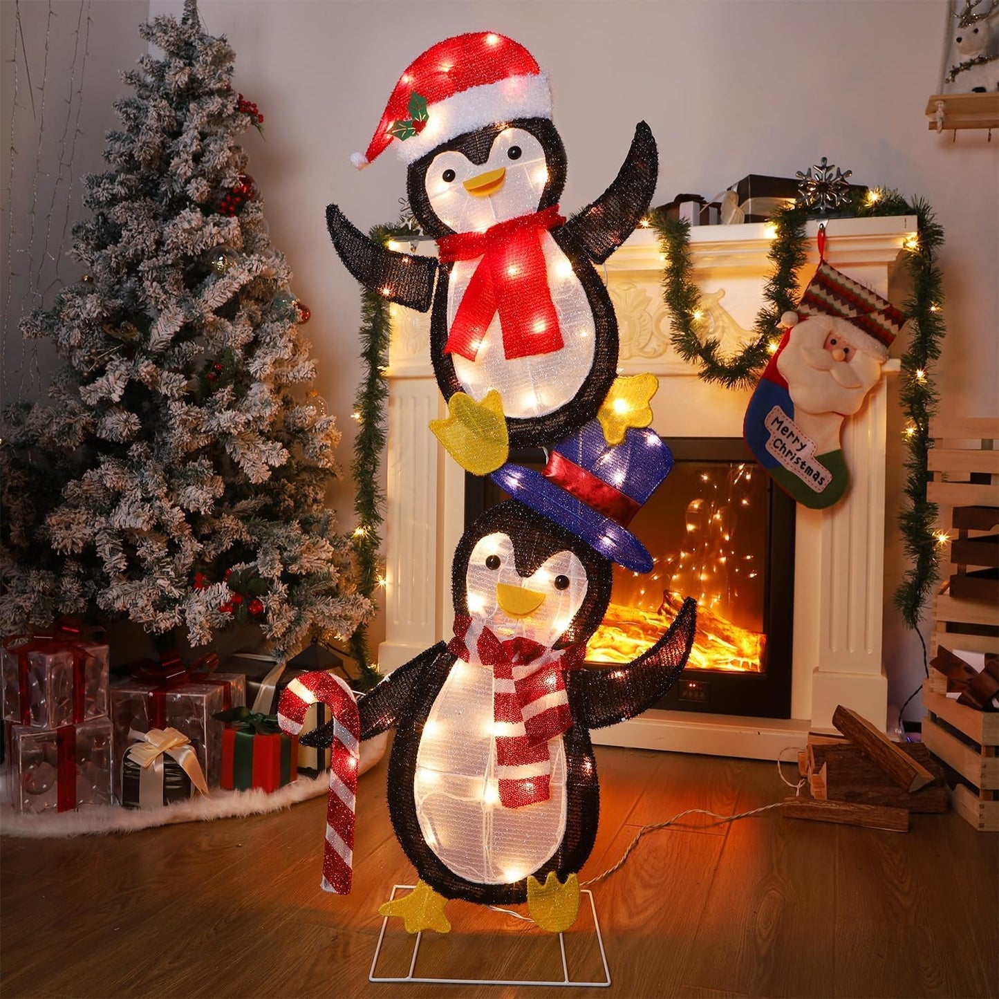 WATERGLIDE Lighted Christmas Tinsel Penguins - Pre-Lit 2D Stacked Design for Indoor/Outdoor Holiday Decor