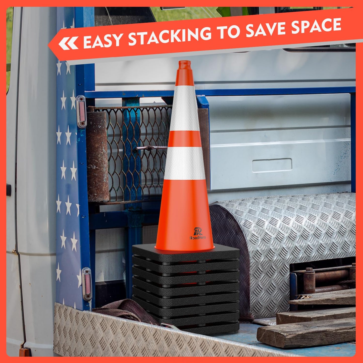 RoadHero 8 Pack Traffic Safety Cones 28 Inch with Black Weighted Base, Orange Cones with Reflective Collars for Parking Lot, Road Safety, Construction Events