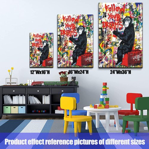 Banksy Canvas Art - Inspirational Graffiti Monkey Wall Decor | Framed 24"x16" for Living Room & Office