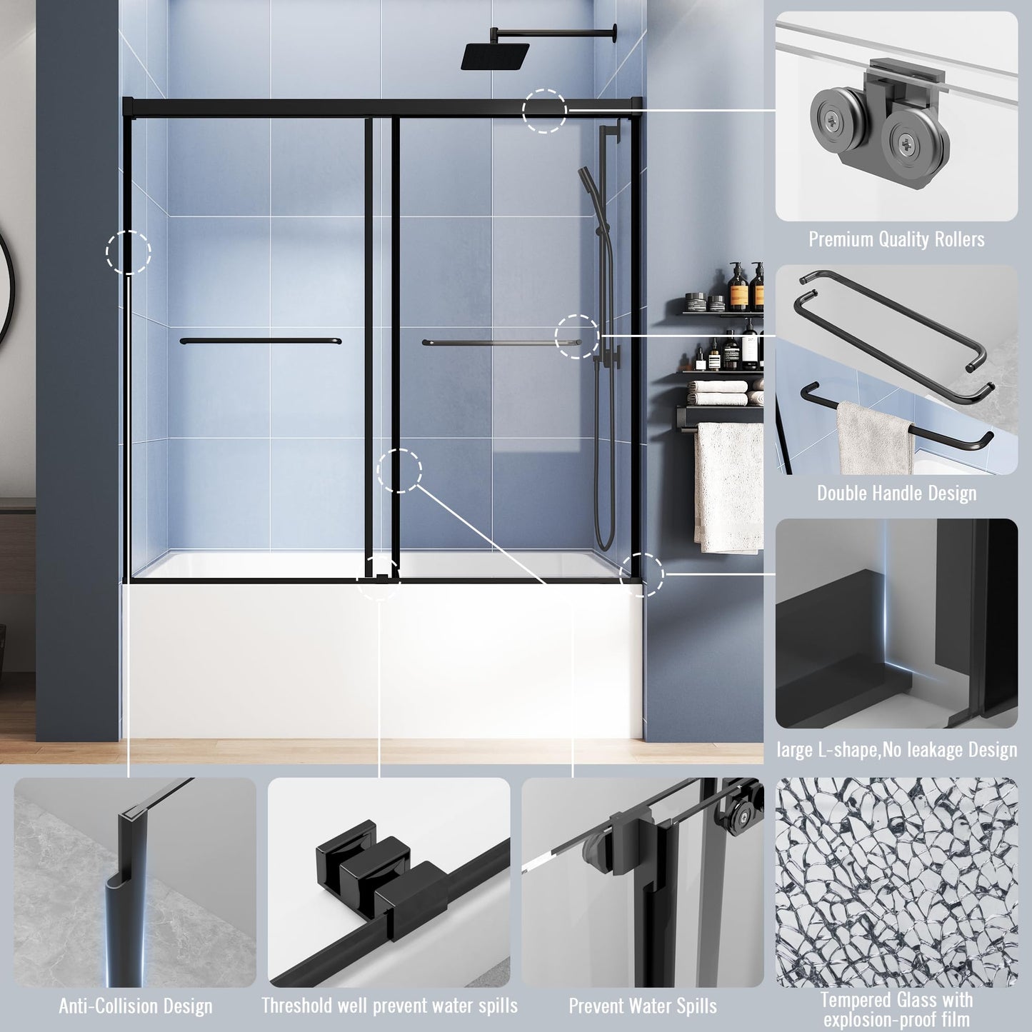 Foskbaths Bathtub Sliding Door 55"-60" W x 56" H Tub Shower Door, Bathtub Glass Door Double Sliding Tempered Glass with Explosion-Proof Film Stainless Steel Matte Black