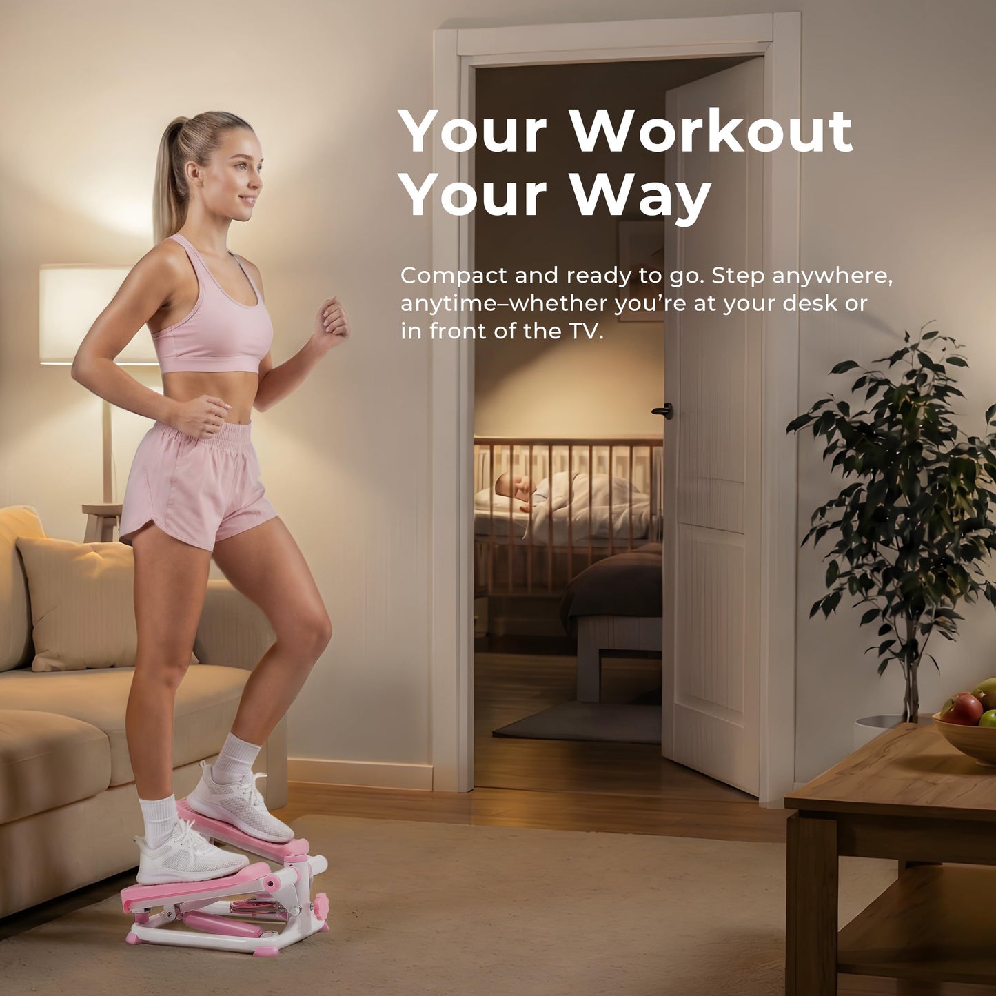 Sunny Health & Fitness Mini Stepper, Compact Home Workout Equipment for Legs & Glutes, Low-Impact Cardio Machine with Digital Monitor, Quiet Hydraulic Resistance, Pink