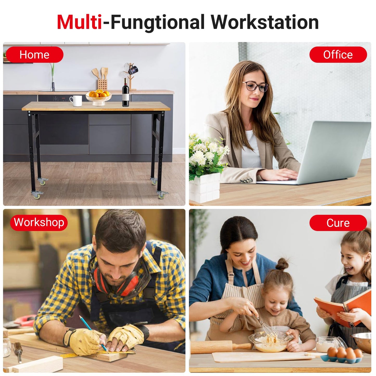 GarveeTech 48" Adjustable Workbench with Power Outlet, 2200 LBS Work Table with Pegboard and 6 Hooks, 8 Adjustable Height Workstation for Garage, Office, Home