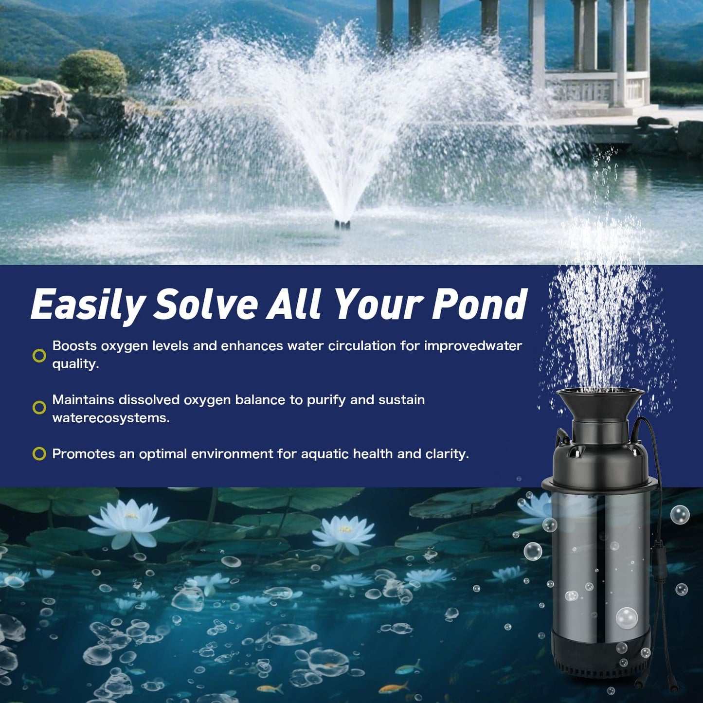 ShuDwrpu Premium LED Pond Fountain with RGB Lighting System, Stainless Steel Rotor, All-Copper Motor, Remote Control, Dynamic Color Changing, for Garden Ponds (Without Light)