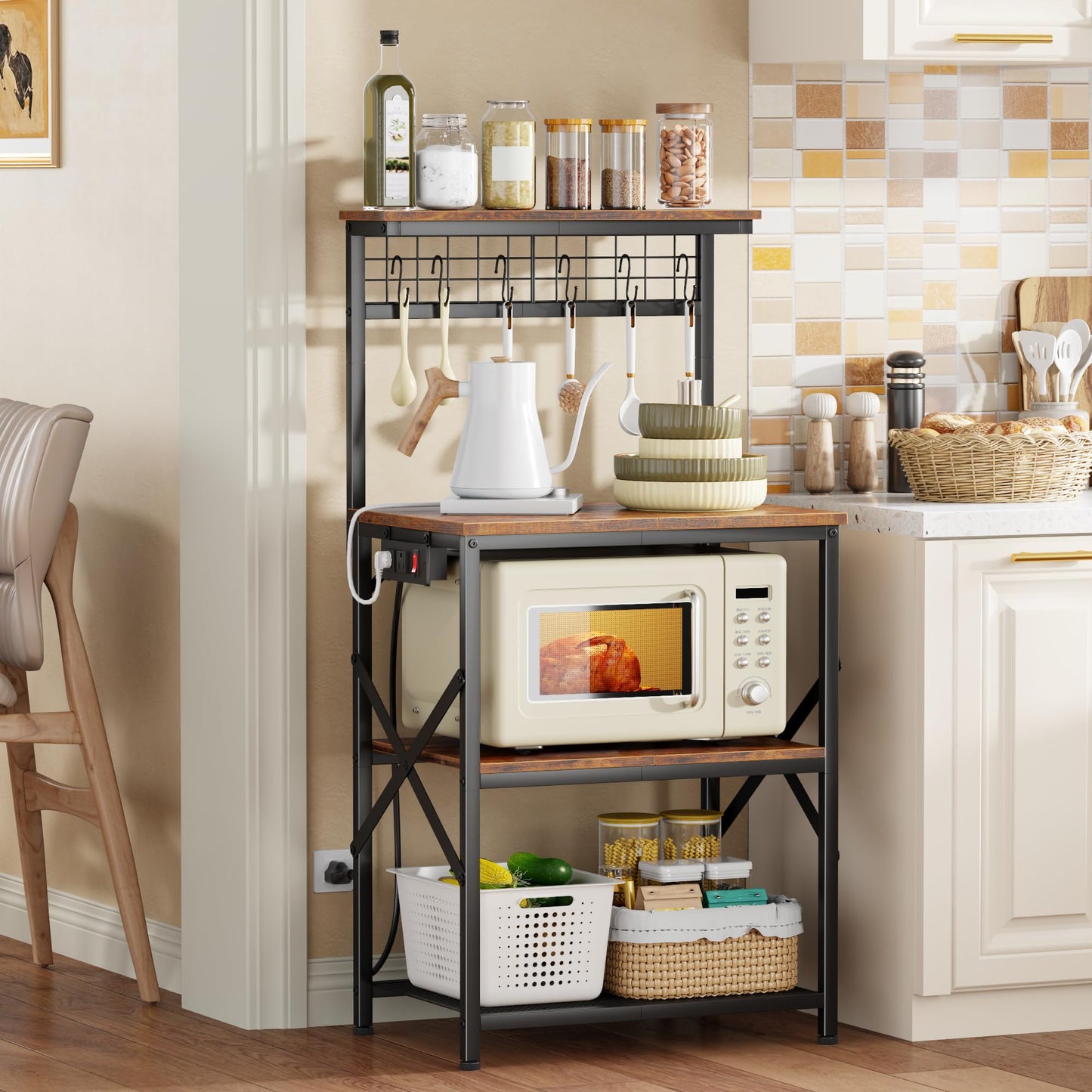 Furologee Kitchen Bakers Rack with Power Outlet, Microwave Oven Stand with Storage 4 Tiers, Coffee Bar Table with 6 S Hooks, Kitchen Storage Shelf Rack for Spices, Pots, Rustic Brown