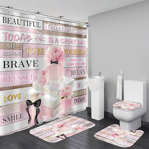 AZHM Shower Curtain Set - Pink Floral Design with Inspirational Quotes | 4-Piece Bathroom Decor