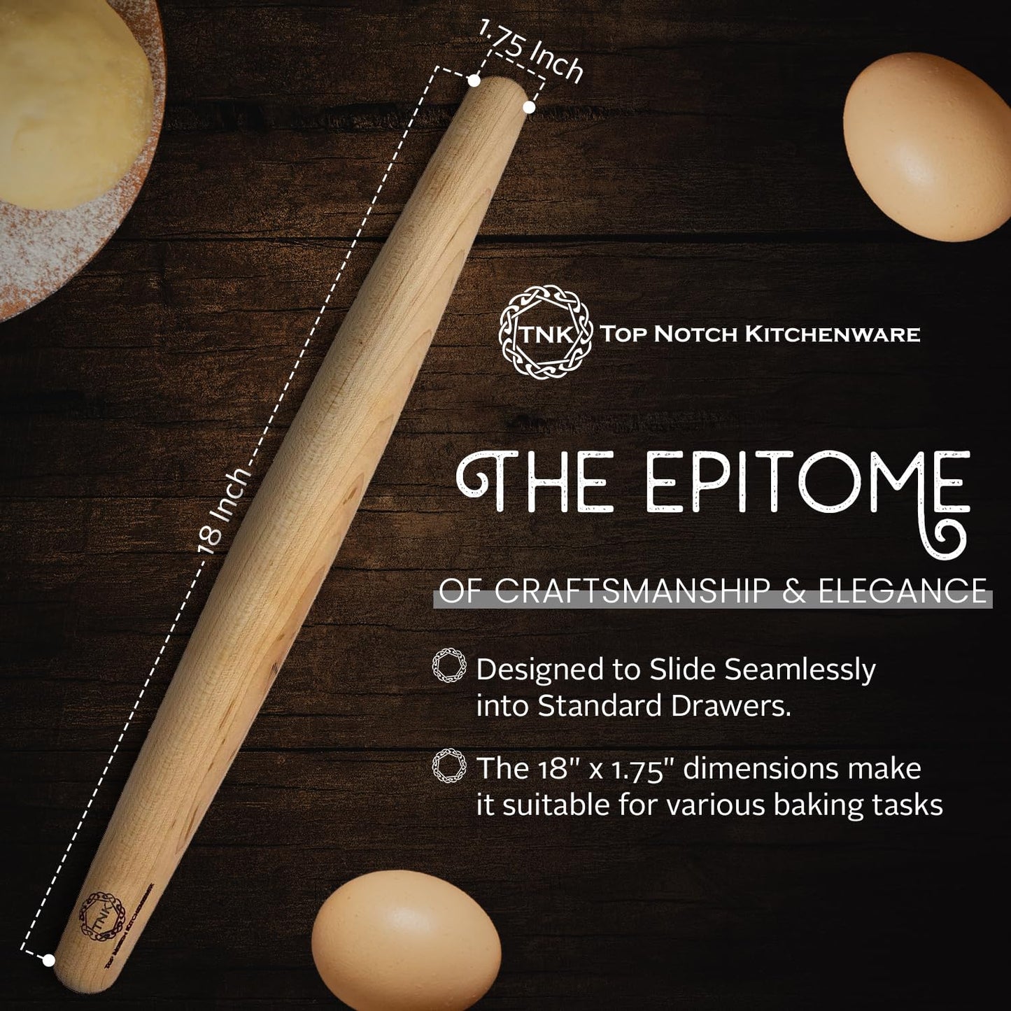 Top Notch Kitchenware | Sugar Maple French Style Rolling Pin | Tapered Solid Wood Design | Perfect for Baking Enthusiasts | Dough Roller | USA Made