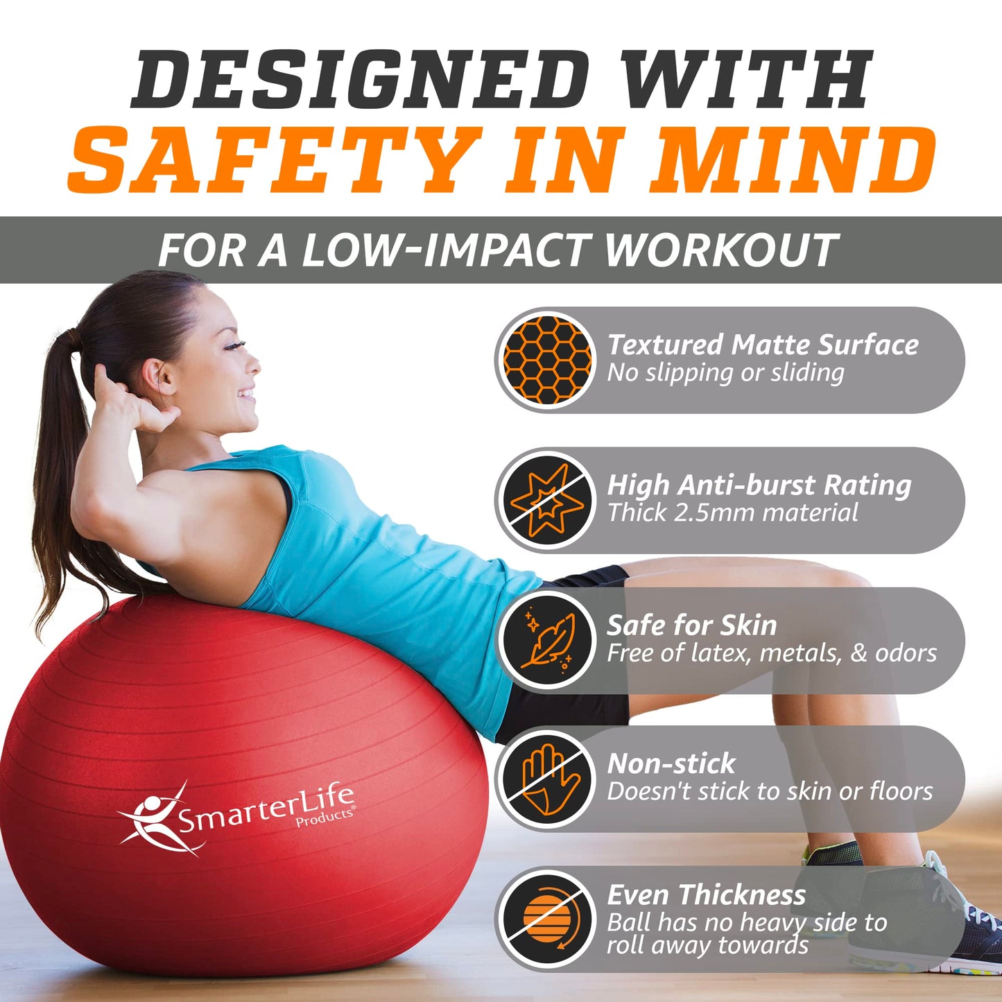 SmarterLife Exercise Ball, Yoga Ball for Fitness, Balance, Stability, or Pregnancy, Gym Ball for Core Workout, Physical Therapy, Yoga Ball Chair for Office, Anti-Slip Anti-Burst (45 cm, Red)